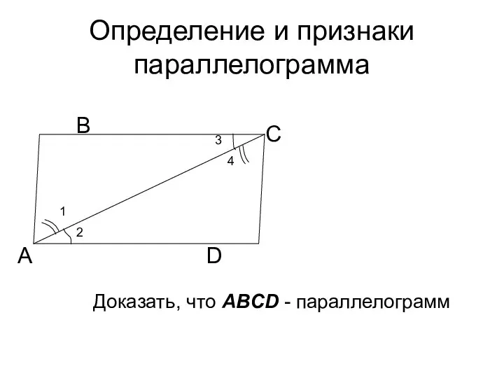 Определение и признаки параллелограмма А В С D 4 3 2 1