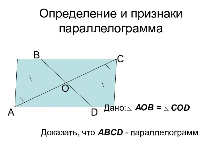 Определение и признаки параллелограмма А В С D O Доказать, что ABCD