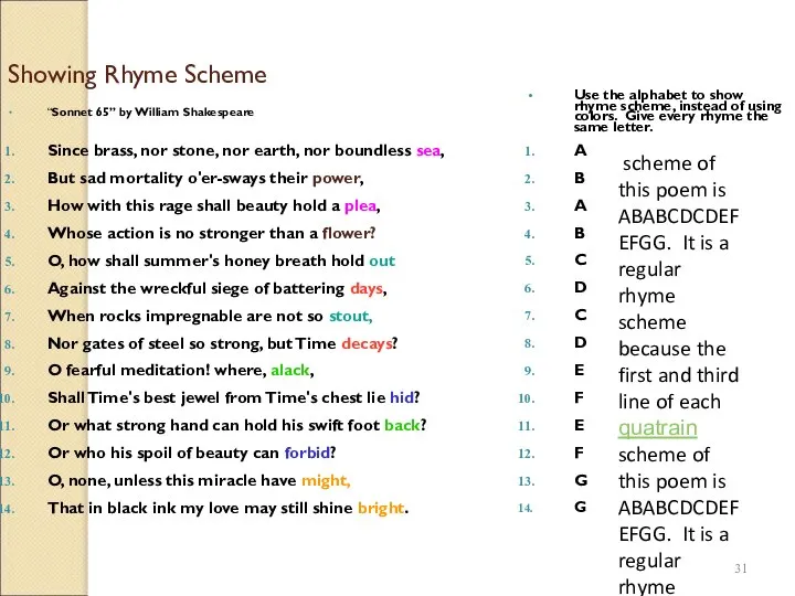 Showing Rhyme Scheme “Sonnet 65” by William Shakespeare Since brass, nor stone,