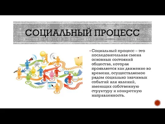 СОЦИАЛЬНЫЙ ПРОЦЕСС Социальный процесс – это последовательная смена основных состояний общества, которая