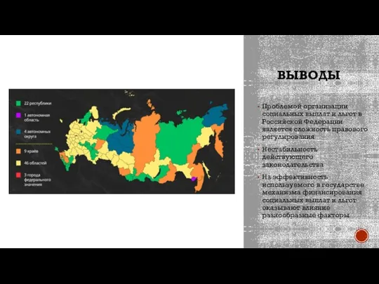 ВЫВОДЫ Проблемой организации социальных выплат и льгот в Российской Федерации является сложность