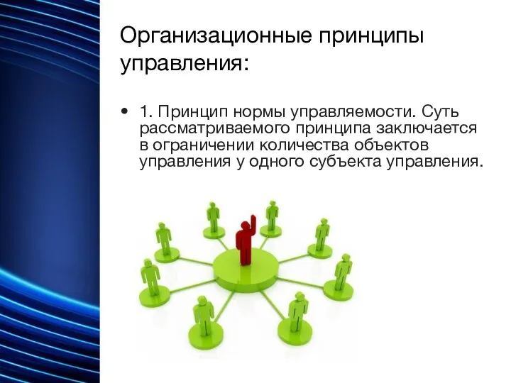 Организационные принципы управления: 1. Принцип нормы управляемости. Суть рассматриваемого принципа заключается в