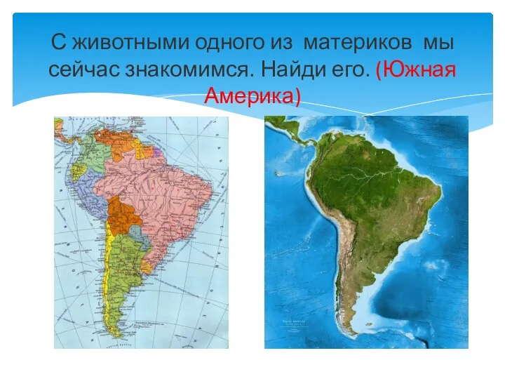 С животными одного из материков мы сейчас знакомимся. Найди его. (Южная Америка)