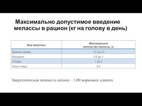 Максимально допустимое введение мелассы в рацион (кг на голову в день) Энергетическая