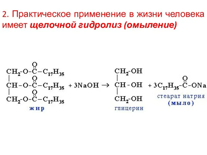 2. Практическое применение в жизни человека имеет щелочной гидролиз (омыление)