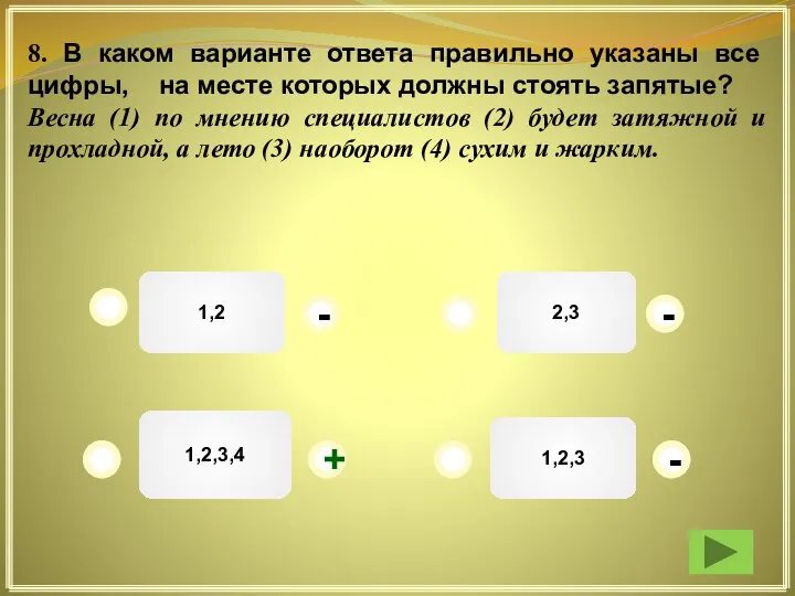 1,2 2,3 1,2,3 1,2,3,4 - - - + 8. В каком варианте