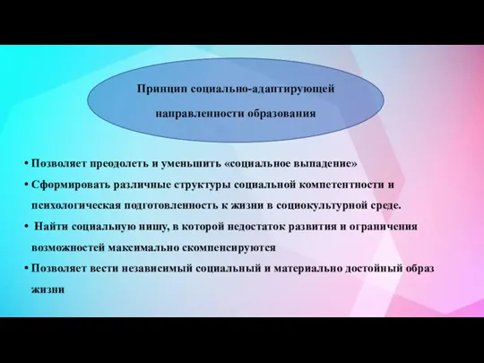 Позволяет преодолеть и уменьшить «социальное выпадение» Сформировать различные структуры социальной компетентности и