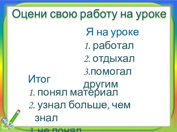 Оцени свою работу на уроке Итог 1. понял материал 2. узнал больше,