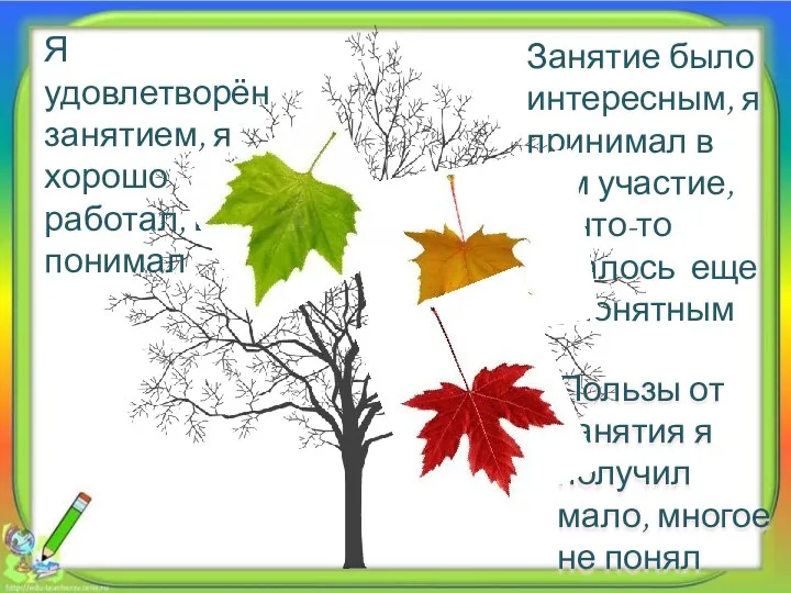 Я удовлетворён занятием, я хорошо работал, всё понимал Занятие было интересным, я