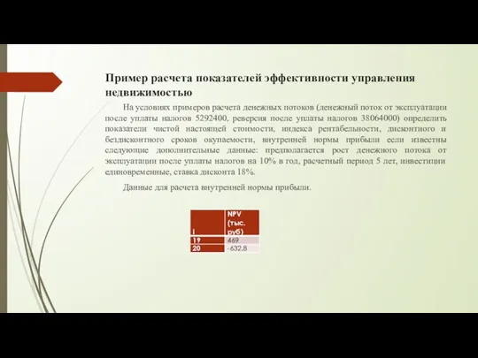 Пример расчета показателей эффективности управления недвижимостью На условиях примеров расчета денежных потоков