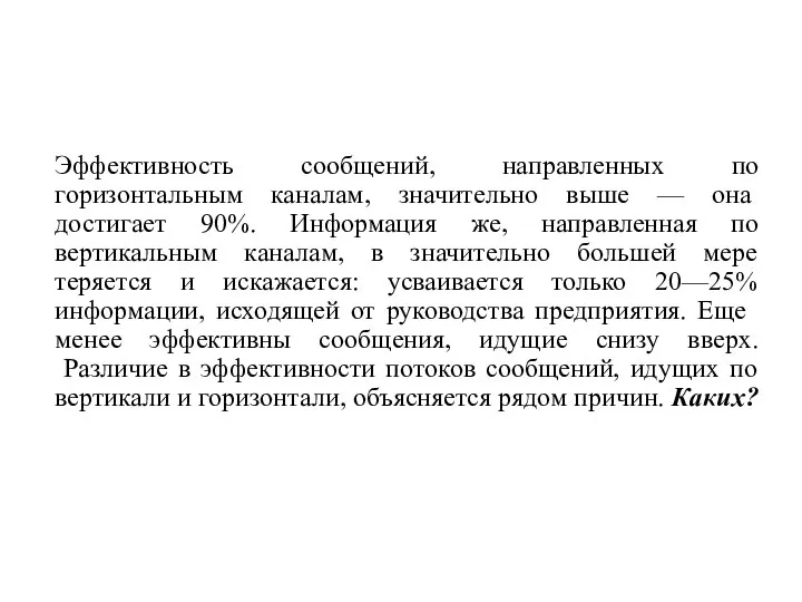 Эффективность сообщений, направленных по горизонтальным каналам, значительно вы­ше — она достигает 90%.