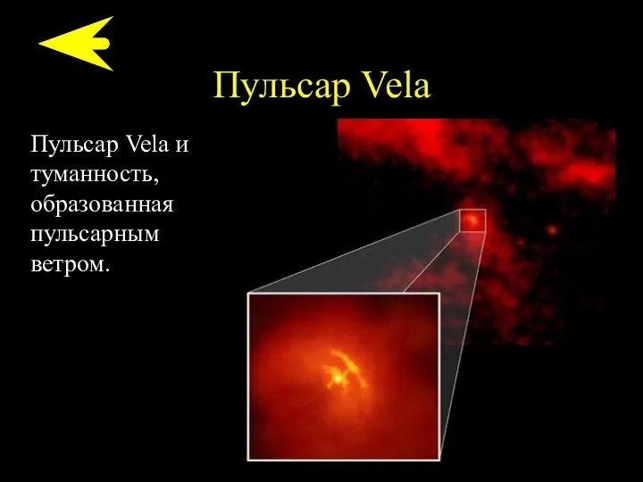 Пульсар Vela Пульсар Vela и туманность, образованная пульсарным ветром.