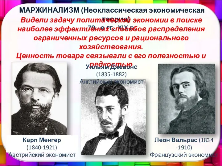 МАРЖИНАЛИЗМ (Неоклассическая экономическая теория) 70 –е гг. XIX в. Видели задачу политической