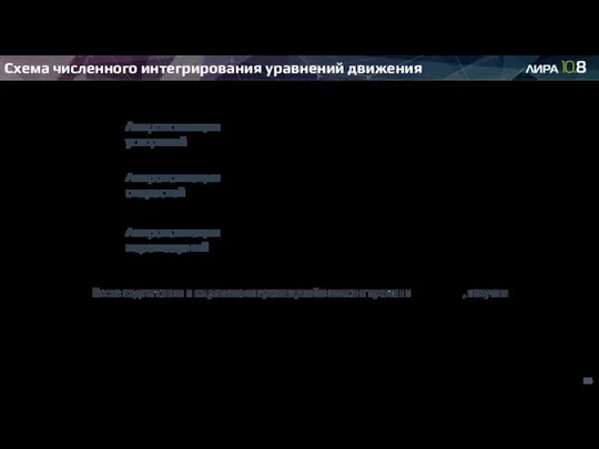 Схема численного интегрирования уравнений движения Аппроксимация ускорений Аппроксимация скоростей Аппроксимация перемещений