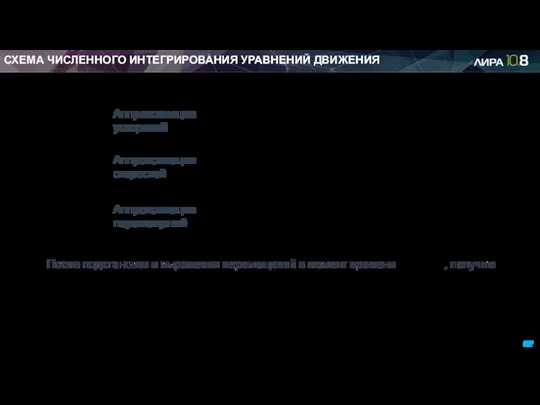 СХЕМА ЧИСЛЕННОГО ИНТЕГРИРОВАНИЯ УРАВНЕНИЙ ДВИЖЕНИЯ Аппроксимация ускорений Аппроксимация скоростей Аппроксимация перемещений