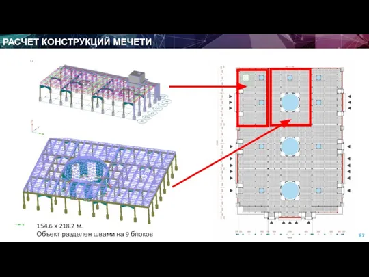 РАСЧЕТ КОНСТРУКЦИЙ МЕЧЕТИ 154.6 х 218.2 м. Объект разделен швами на 9 блоков