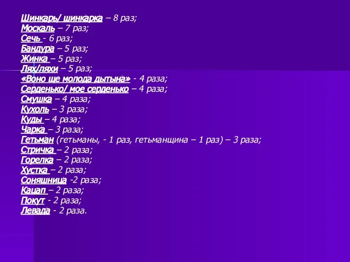 Шинкарь/ шинкарка – 8 раз; Москаль – 7 раз; Сечь - 6