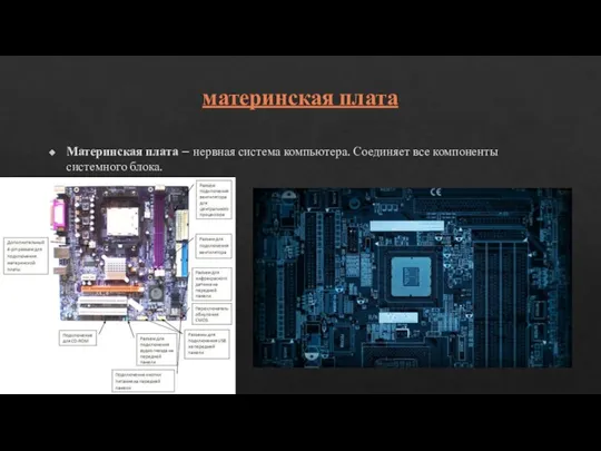 материнская плата Материнская плата – нервная система компьютера. Соединяет все компоненты системного блока.