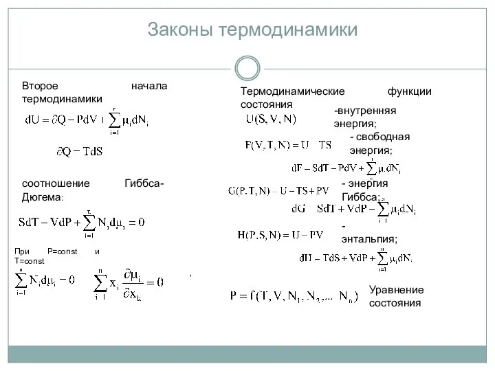 Второе начала термодинамики соотношение Гиббса-Дюгема: , При Р=const и T=const - свободная