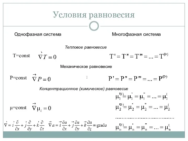 Условия равновесия Многофазная система Однофазная система Т=const ; P=const Тепловое равновесие Механическое