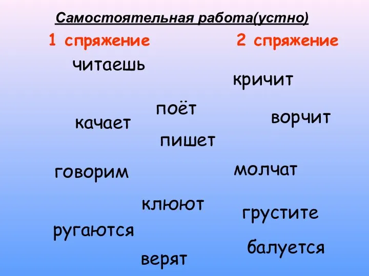 1 спряжение 2 спряжение качает пишет клюют ругаются кричит молчат читаешь ворчит