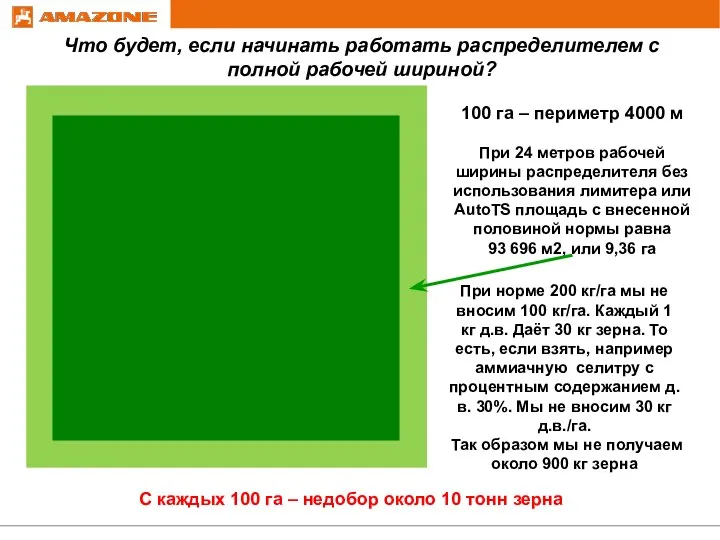 100 га – периметр 4000 м При 24 метров рабочей ширины распределителя