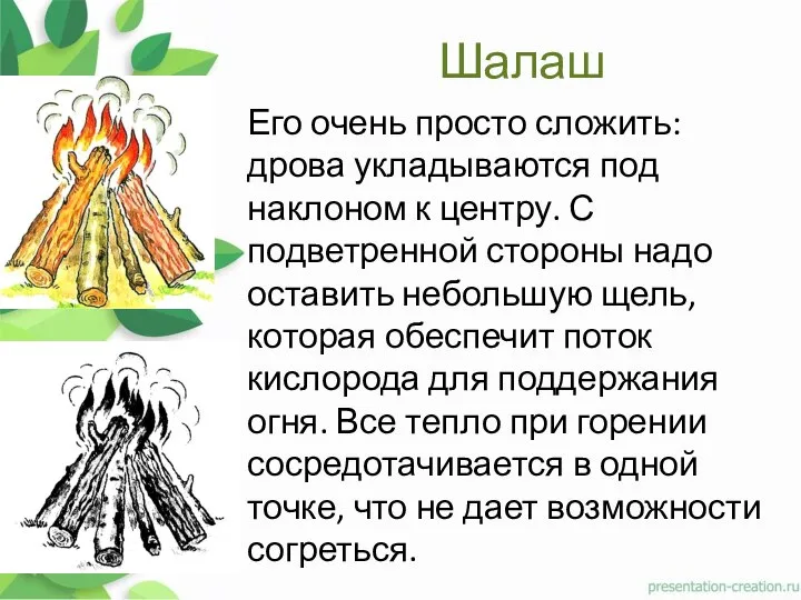 Шалаш Его очень просто сложить: дрова укладываются под наклоном к центру. С