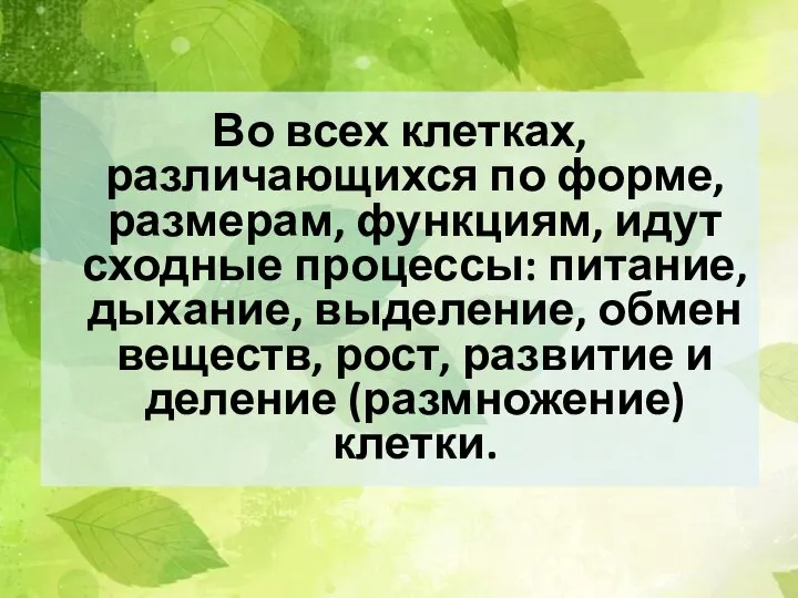 Во всех клетках, различающихся по форме, размерам, функциям, идут сходные процессы: питание,