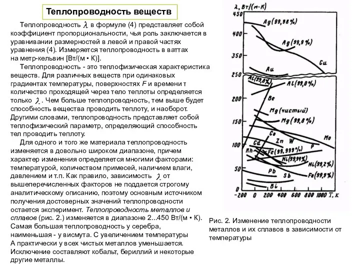 Теплопроводность веществ Теплопроводность в формуле (4) представляет собой коэффициент пропорциональности, чья роль