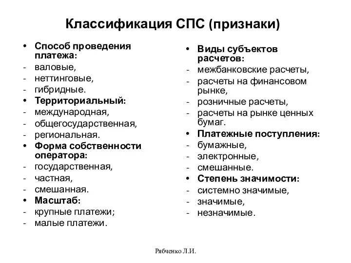 Классификация СПС (признаки) Способ проведения платежа: валовые, неттинговые, гибридные. Территориальный: международная, общегосударственная,