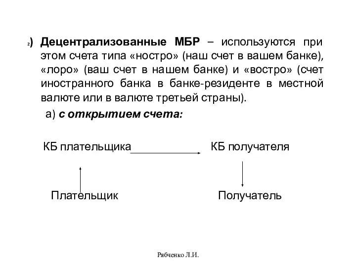 Рябченко Л.И. 2) Децентрализованные МБР – используются при этом счета типа «ностро»