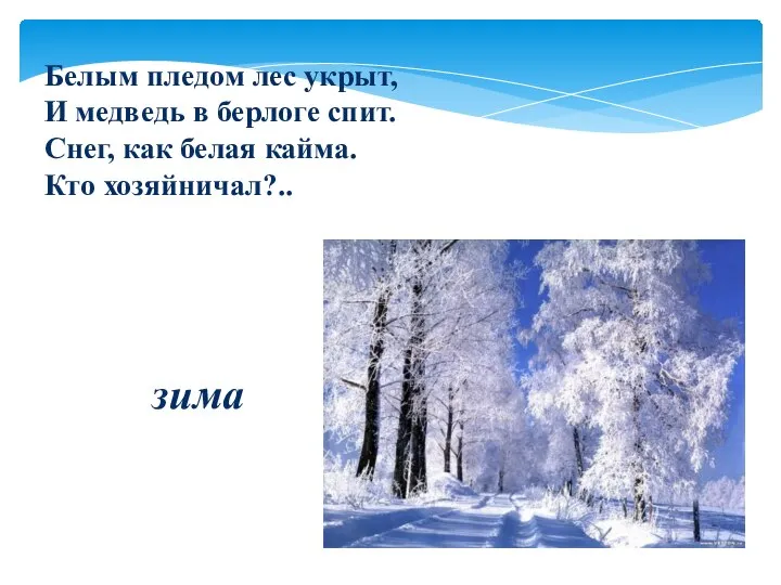 Белым пледом лес укрыт, И медведь в берлоге спит. Снег, как белая кайма. Кто хозяйничал?.. зима