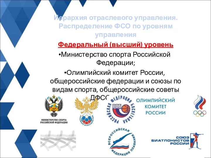 Федеральный (высший) уровень Министерство спорта Российской Федерации; Олимпийский комитет России, общероссийские федерации