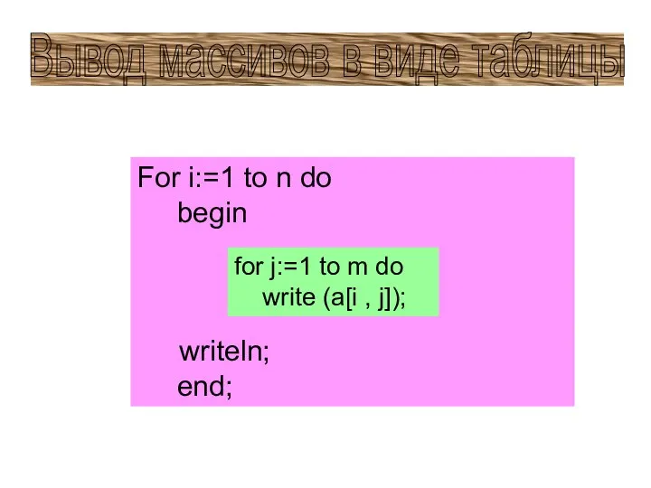Вывод массивов в виде таблицы For i:=1 to n do begin writeln;