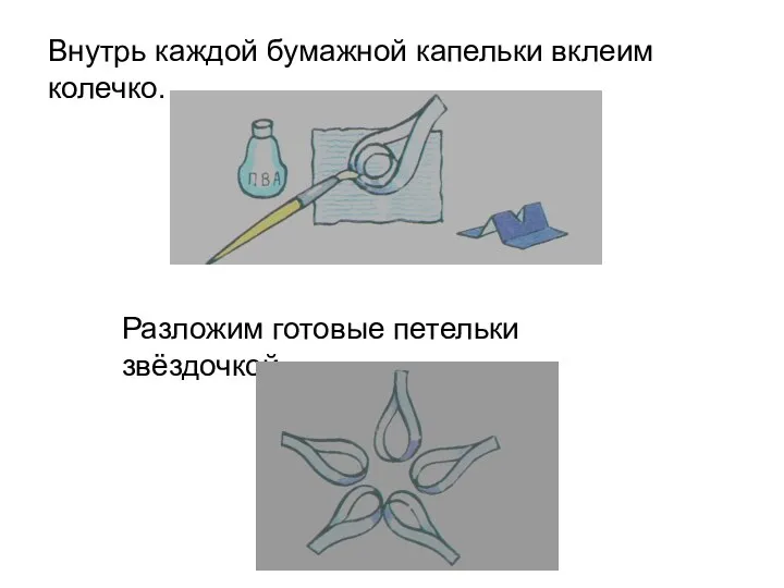 Внутрь каждой бумажной капельки вклеим колечко. Разложим готовые петельки звёздочкой.