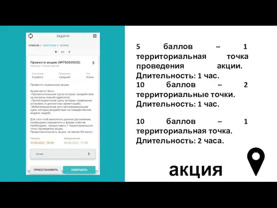 акция 5 баллов – 1 территориальная точка проведения акции. Длительность: 1 час.