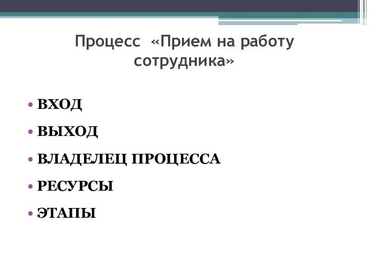 Процесс «Прием на работу сотрудника» ВХОД ВЫХОД ВЛАДЕЛЕЦ ПРОЦЕССА РЕСУРСЫ ЭТАПЫ