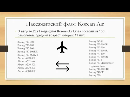 Пассажирский флот Korean Air В августе 2021 года флот Korean Air Lines