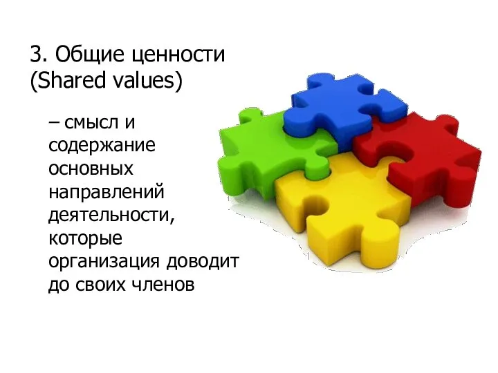 3. Общие ценности (Shared values) – смысл и содержание основных направлений деятельности,