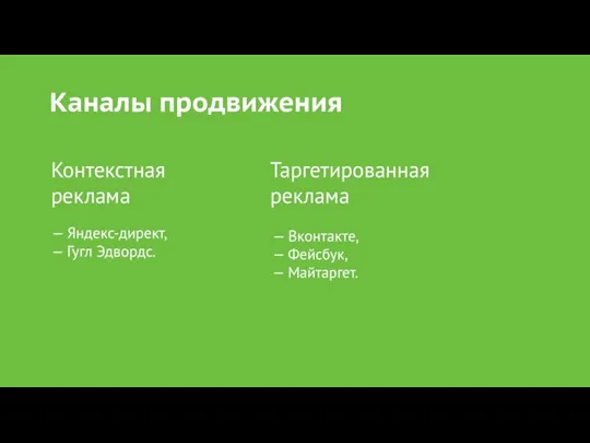 Каналы продвижения Контекстная реклама Таргетированная реклама — Яндекс-директ, — Гугл Эдвордс. —