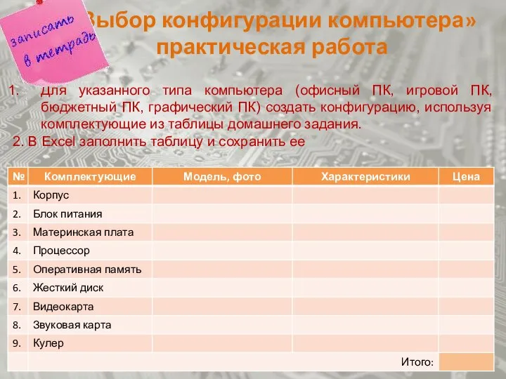 Для указанного типа компьютера (офисный ПК, игровой ПК, бюджетный ПК, графический ПК)