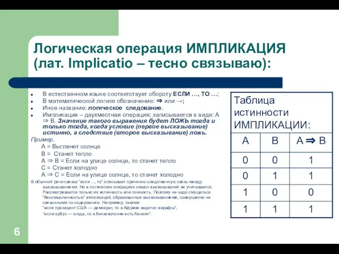 Логическая операция ИМПЛИКАЦИЯ (лат. Implicatio – тесно связываю): В естественном языке соответствует