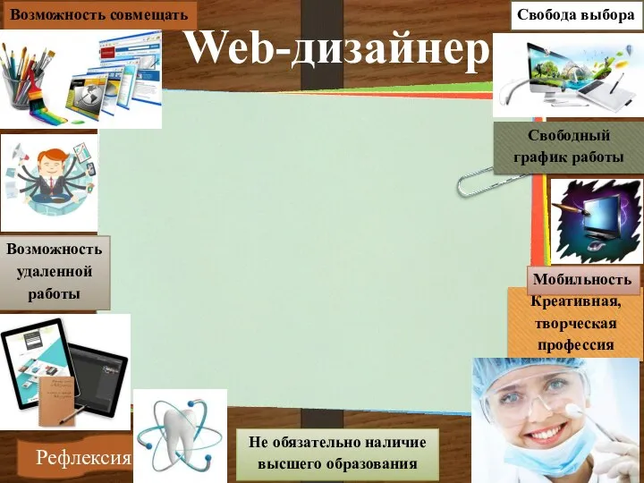 Web-дизайнер Рефлексия Не обязательно наличие высшего образования Свобода выбора Свободный график работы