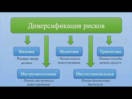 Диверсификация рисков Видовая Валютная Транзитная Инструментальная Институциональная - Разные виды активов -