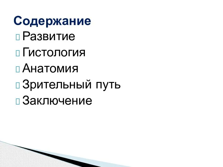 Развитие Гистология Анатомия Зрительный путь Заключение Содержание