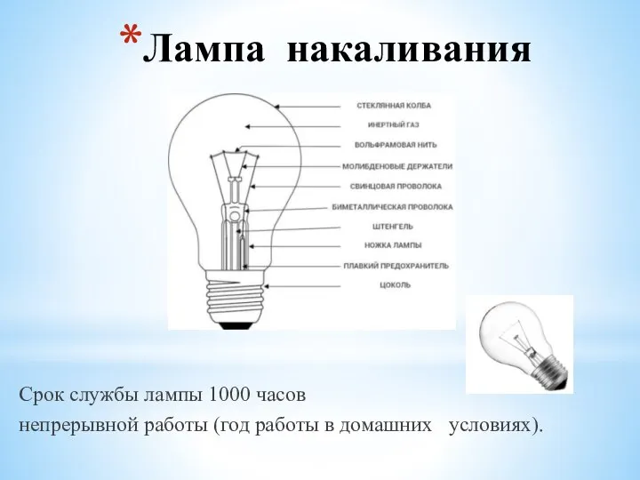 Срок службы лампы 1000 часов непрерывной работы (год работы в домашних условиях). Лампа накаливания