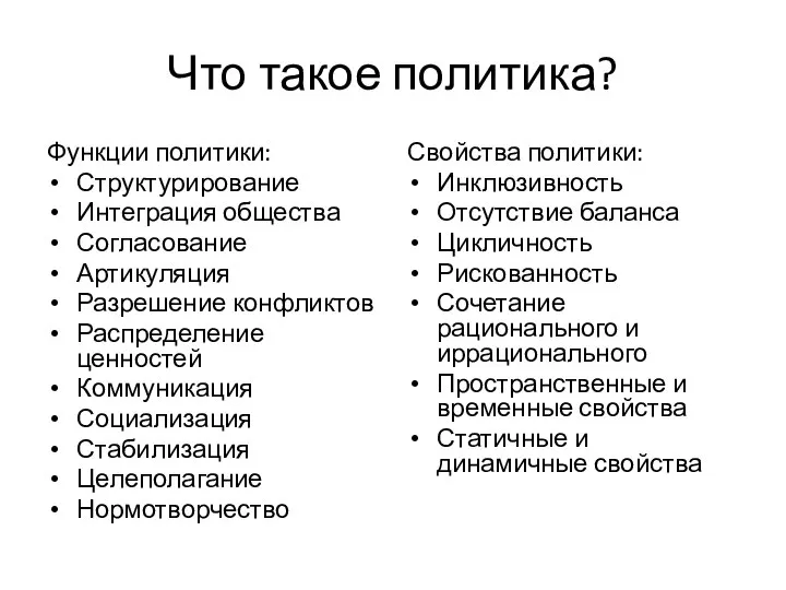 Что такое политика? Функции политики: Структурирование Интеграция общества Согласование Артикуляция Разрешение конфликтов