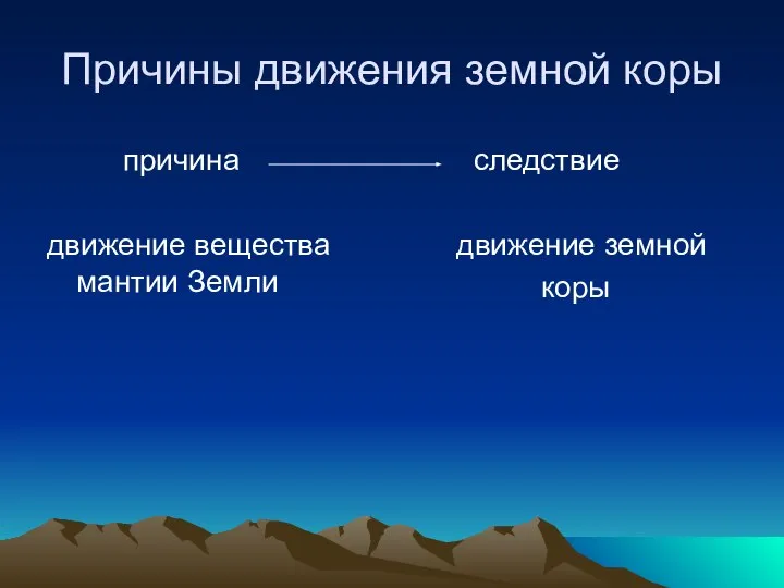 Причины движения земной коры причина движение вещества мантии Земли следствие движение земной коры