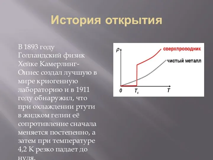 История открытия В 1893 году Голландский физик Хейке Камерлинг-Оннес создал лучшую в