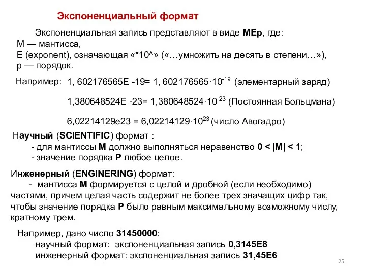 Экспоненциальная запись представляют в виде MEp, где: M — мантисса, E (exponent),